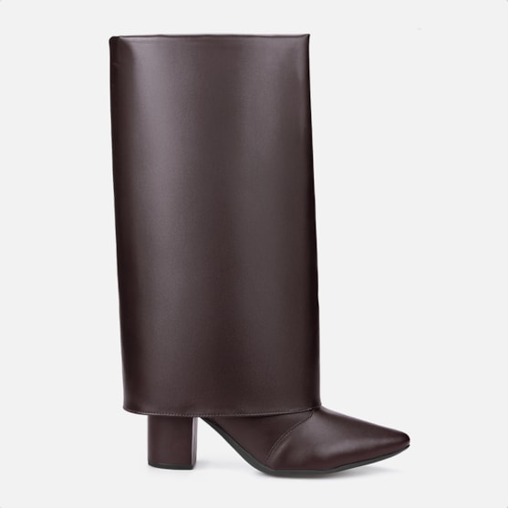 Bota Capa Marrom Feminina Cano Alto Salto Alto Bloco Bico Fino