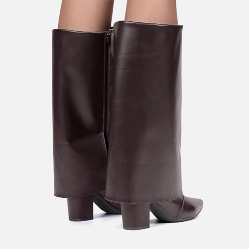 Bota Capa Marrom Feminina Cano Alto Salto Alto Bloco Bico Fino