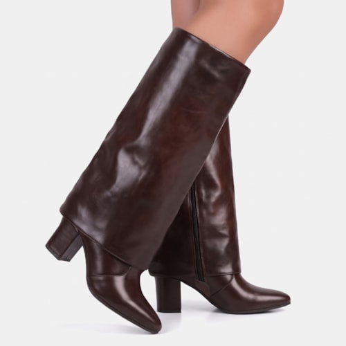 Bota Capa Marrom Feminina Cano Alto Salto Alto Bloco Bico Fino - foto9 de 10