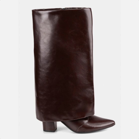 Bota Capa Marrom Feminina Cano Alto Salto Alto Bloco Bico Fino