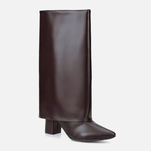 Bota Capa Marrom Feminina Cano Alto Salto Alto Bloco Bico Fino
