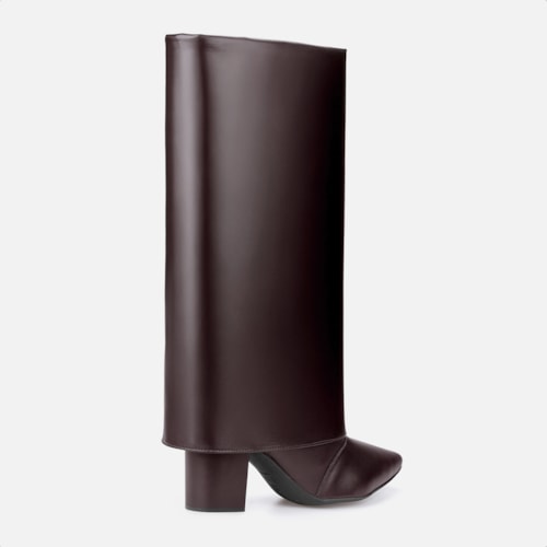 Bota Capa Marrom Feminina Cano Alto Salto Alto Bloco Bico Fino