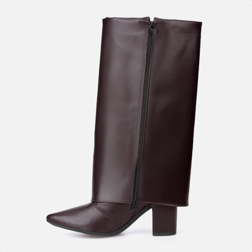 Bota Capa Marrom Feminina Cano Alto Salto Alto Bloco Bico Fino