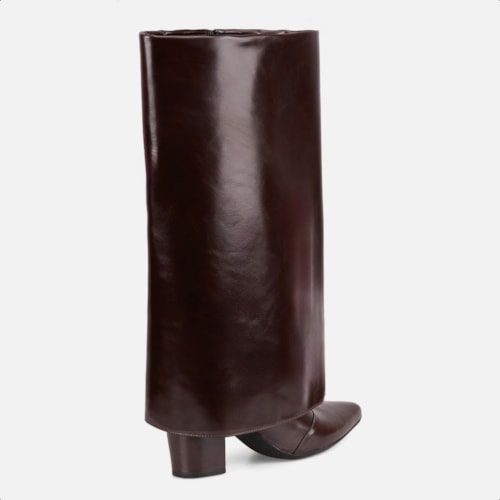Bota Capa Marrom Feminina Cano Alto Salto Alto Bloco Bico Fino - foto4 de 10