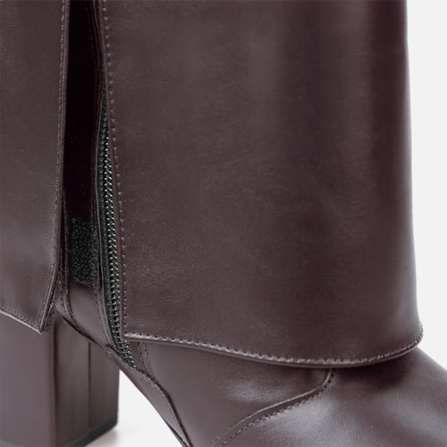 Bota Capa Marrom Feminina Cano Alto Salto Alto Bloco Bico Fino