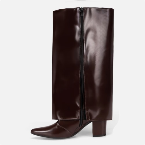 Bota Capa Marrom Feminina Cano Alto Salto Alto Bloco Bico Fino - foto5 de 10