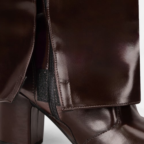 Bota Capa Marrom Feminina Cano Alto Salto Alto Bloco Bico Fino - foto6 de 10