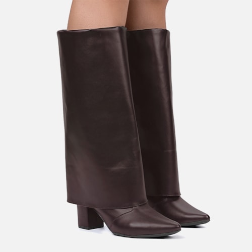 Bota Capa Marrom Feminina Cano Alto Salto Alto Bloco Bico Fino