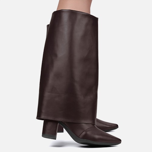 Bota Capa Marrom Feminina Cano Alto Salto Alto Bloco Bico Fino