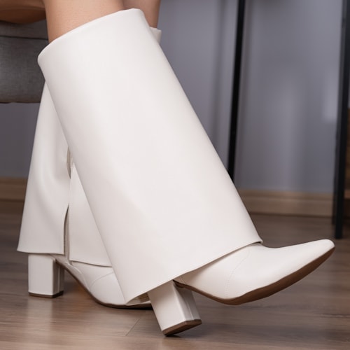 Bota Capa Off White Feminina Cano Alto Salto Alto Bloco Bico Fino