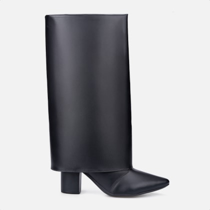 Bota Capa Preta Feminina Cano Alto Salto Alto Bloco Bico Fino