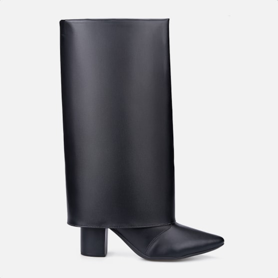 Bota Capa Preta Feminina Cano Alto Salto Alto Bloco Bico Fino