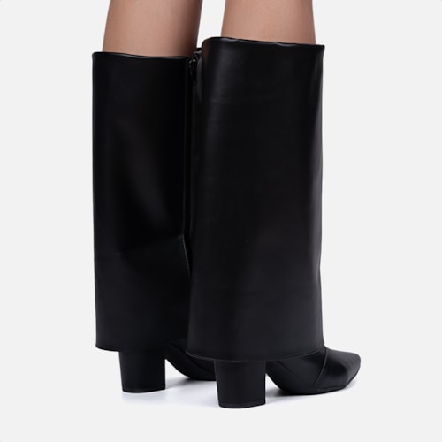 Bota Capa Preta Feminina Cano Alto Salto Alto Bloco Bico Fino