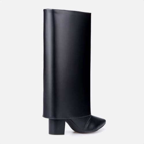 Bota Capa Preta Feminina Cano Alto Salto Alto Bloco Bico Fino