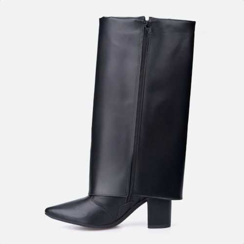 Bota Capa Preta Feminina Cano Alto Salto Alto Bloco Bico Fino