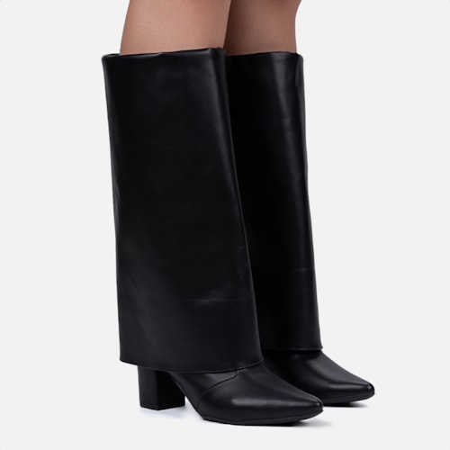 Bota Capa Preta Feminina Cano Alto Salto Alto Bloco Bico Fino