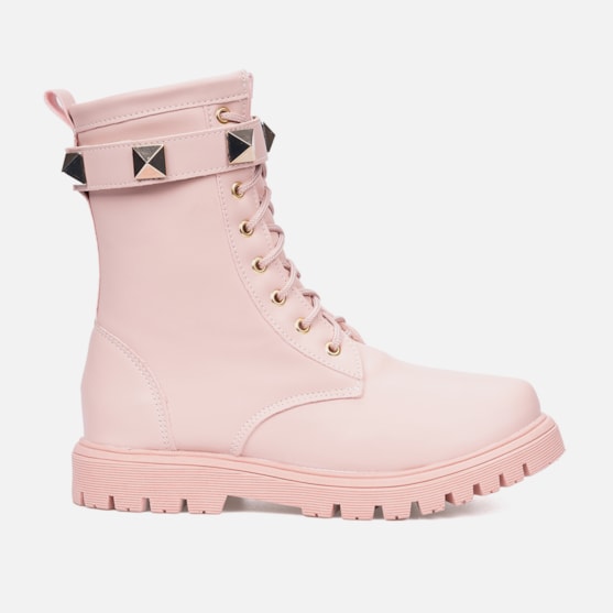 Bota Coturno Feminino Infantil Tratorado Cano Alto Com Spike Rosa