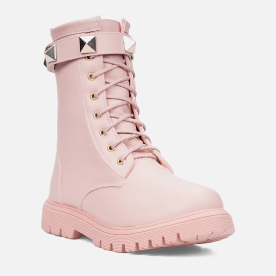 Segunda imagem do produto Bota Coturno Feminino Infantil Tratorado Cano Alto Com Spike Rosa