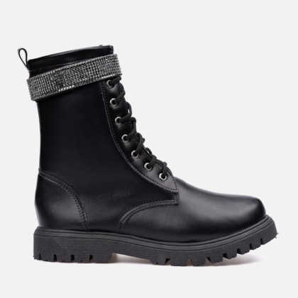 Bota Coturno Feminino Infantil Tratorado Cano Longo Tira Strass Preto