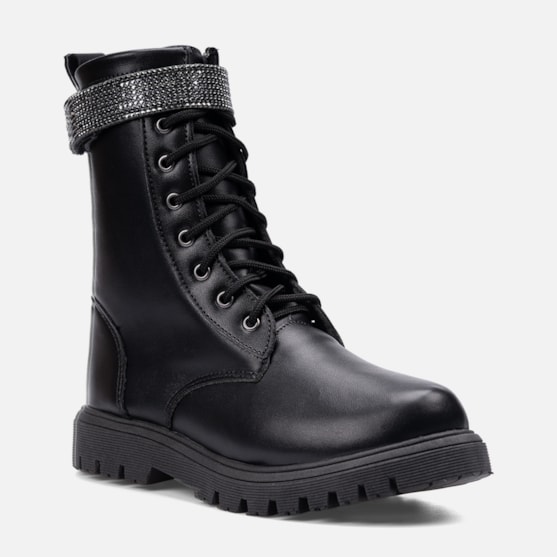 Segunda imagem do produto Bota Coturno Feminino Infantil Tratorado Cano Longo Tira Strass Preto