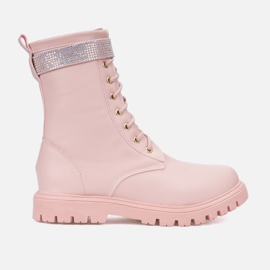 Bota Coturno Feminino Infantil Tratorado Cano Longo Tira Strass Rosa