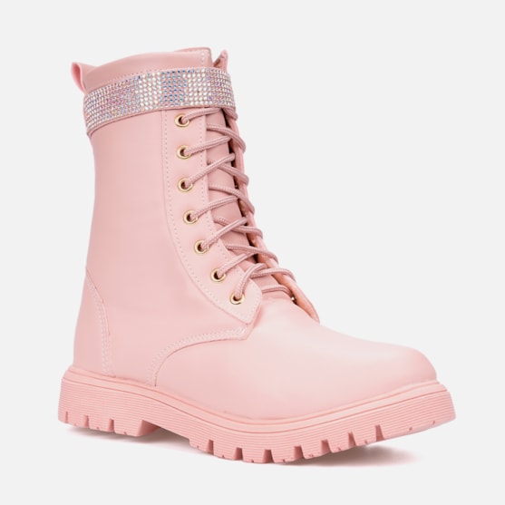 Segunda imagem do produto Bota Coturno Feminino Infantil Tratorado Cano Longo Tira Strass Rosa