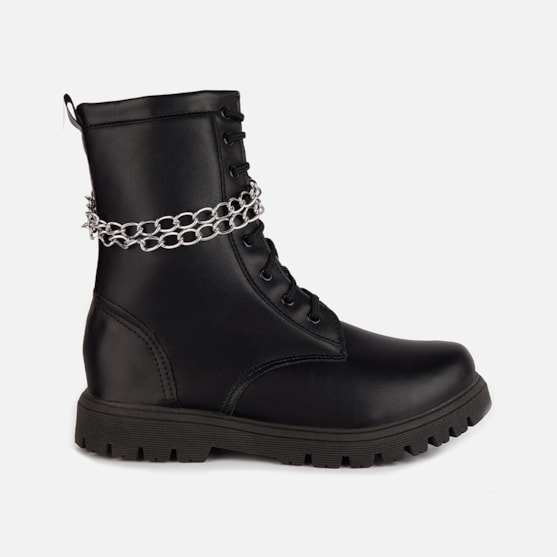 Bota Coturno Infantil Preto Cano Alto Com Corrente Menina Fashion