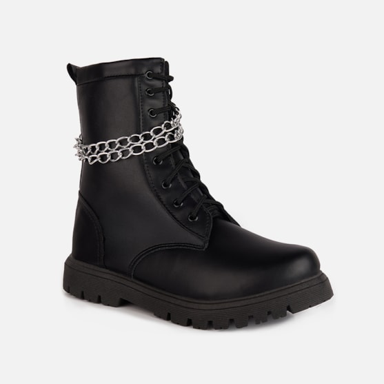 Segunda imagem do produto Bota Coturno Infantil Preto Cano Alto Com Corrente Menina Fashion