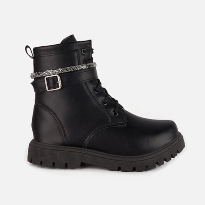 Bota Coturno Tratorado Infantil Preto Tira de Strass Menina Fashion