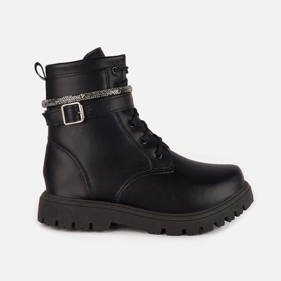 Bota Coturno Tratorado Infantil Preto Tira de Strass Menina Fashion