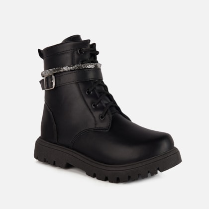 Segunda imagem do produto Bota Coturno Tratorado Infantil Preto Tira de Strass Menina Fashion