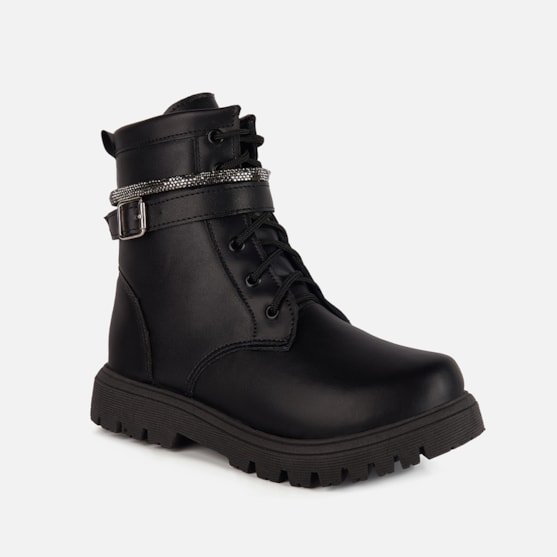 Segunda imagem do produto Bota Coturno Tratorado Infantil Preto Tira de Strass Menina Fashion