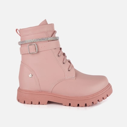 Bota Coturno Tratorado Infantil Rosa Tira de Strass Menina Fashion