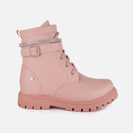 Bota Coturno Tratorado Infantil Rosa Tira de Strass Menina Fashion