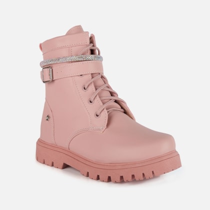 Segunda imagem do produto Bota Coturno Tratorado Infantil Rosa Tira de Strass Menina Fashion