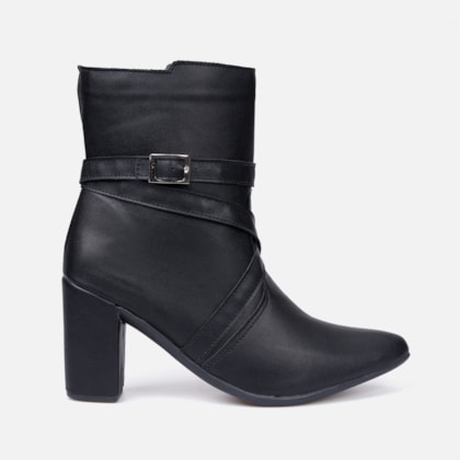 Bota Feminina Bico Fino Cano Curto Salto Bloco Tiras Fivela Preta