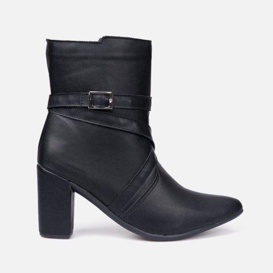 Bota Feminina Bico Fino Cano Curto Salto Bloco Tiras Fivela Preta