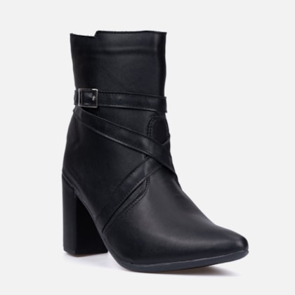 Segunda imagem do produto Bota Feminina Bico Fino Cano Curto Salto Bloco Tiras Fivela Preta