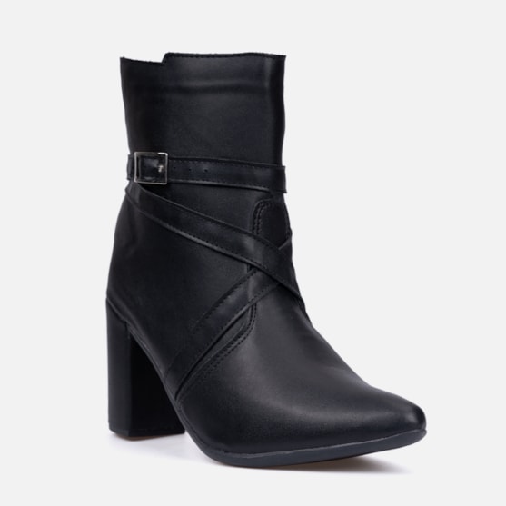 Segunda imagem do produto Bota Feminina Bico Fino Cano Curto Salto Bloco Tiras Fivela Preta