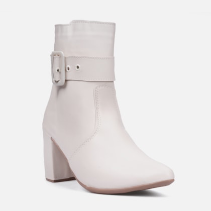 Segunda imagem do produto Bota Feminina Bico Fino Salto Bloco Cano Curto Com Fivela Off White