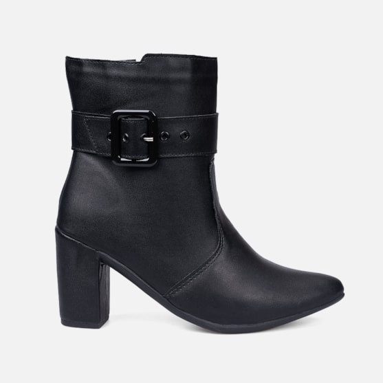 Bota Feminina Bico Fino Salto Bloco Cano Curto Com Fivela Preta