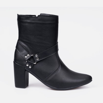 Bota Feminina Bico Fino Salto Bloco Grosso Tiras Biker Elegante Preta