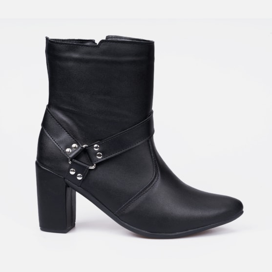 Bota Feminina Bico Fino Salto Bloco Grosso Tiras Biker Elegante Preta