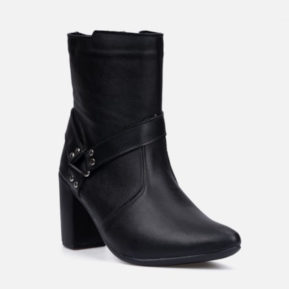 Segunda imagem do produto Bota Feminina Bico Fino Salto Bloco Grosso Tiras Biker Elegante Preta