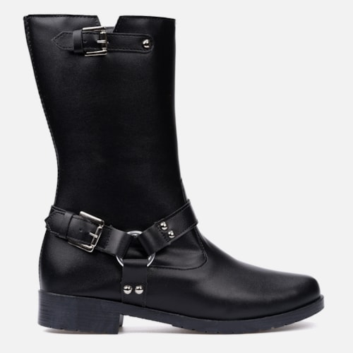 Bota Feminina Biker Cano Médio Tratorada Com Fivelas Tendência Preta