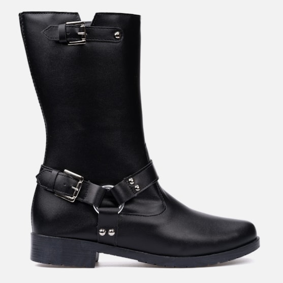 Bota Feminina Biker Cano Médio Tratorada Com Fivelas Tendência Preta