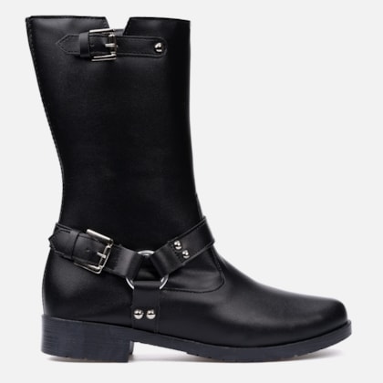 Bota Feminina Biker Cano Médio Tratorada Com Fivelas Tendência Preta
