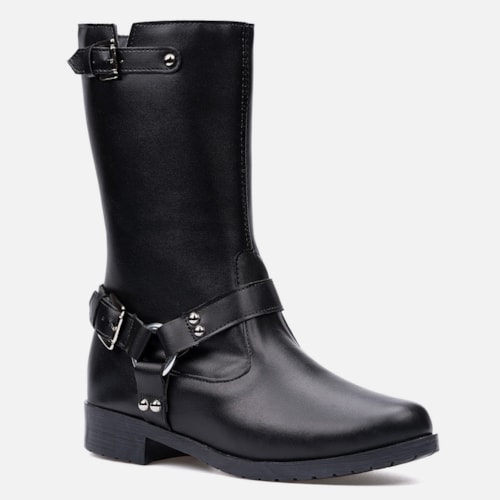 Bota Feminina Biker Cano Médio Tratorada Com Fivelas Tendência Preta