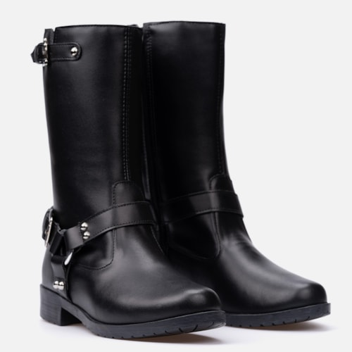 Bota Feminina Biker Cano Médio Tratorada Com Fivelas Tendência Preta