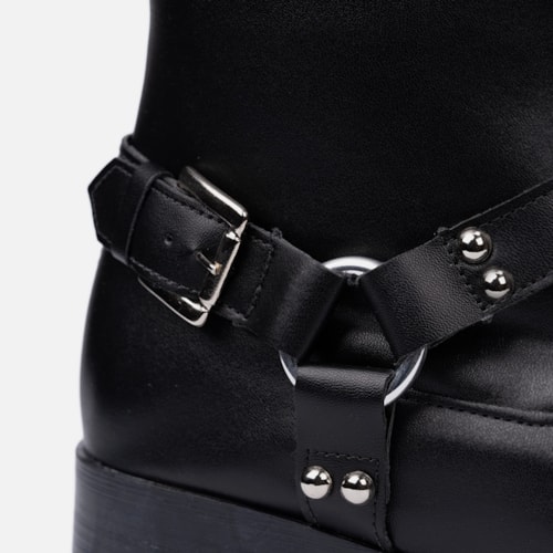 Bota Feminina Biker Cano Médio Tratorada Com Fivelas Tendência Preta